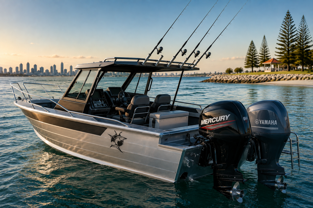 Bar Crusher aluminium fishing boat fitted with Mercury and Yamaha outboard engines, showcasing a high-performance offshore fishing setup in Perth waters.