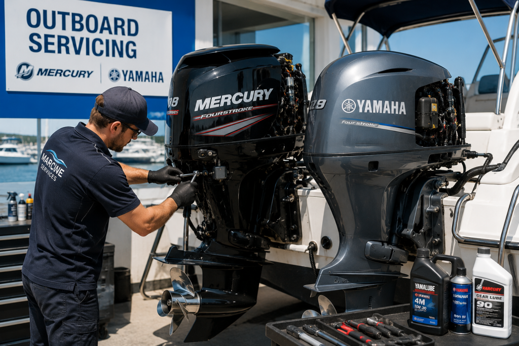 Mercury and Yamaha outboard servicing by a professional marine technician at a boat workshop