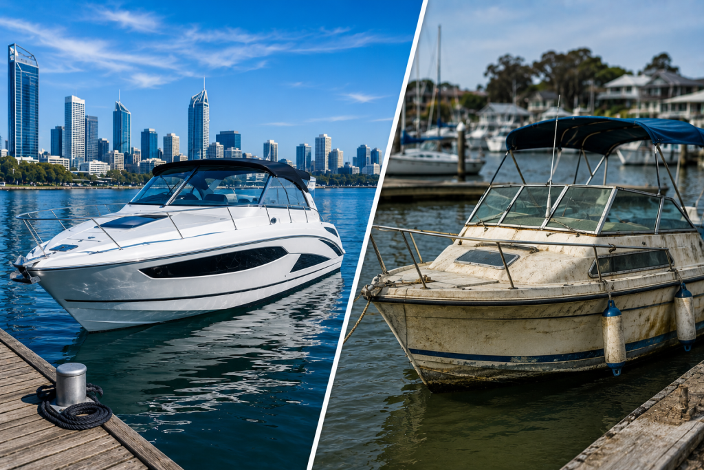 Head-to-head comparison of a modern new vessel and an older used boat at a marina
