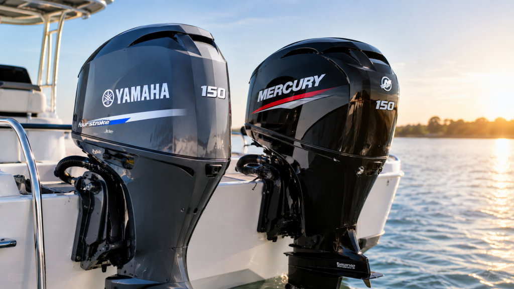 Yamaha and Mercury 4-stroke outboard engines showcasing Japanese engineering refinement and American performance-focused design for recreational boating.